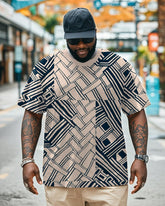 Big & Tall Men's Daily Casual Khaki Colorblock Geometric Printed Round Neck Short Sleeve T-Shirt